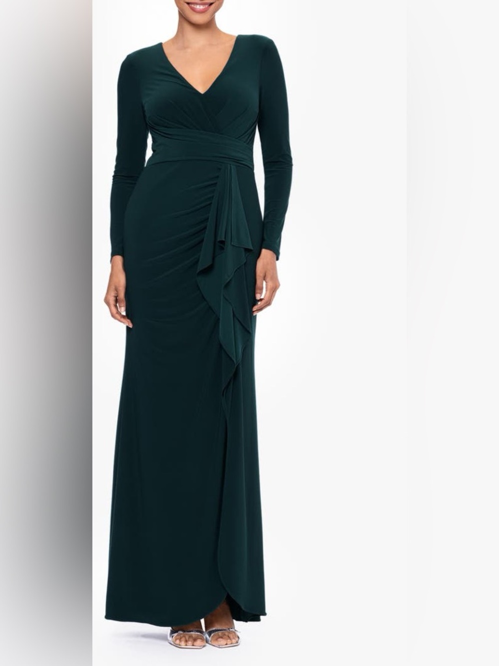 NWOT Betsy & Adam | Cascade Ruffle Long Sleeve Stretch Jersey Gown in Pine 4